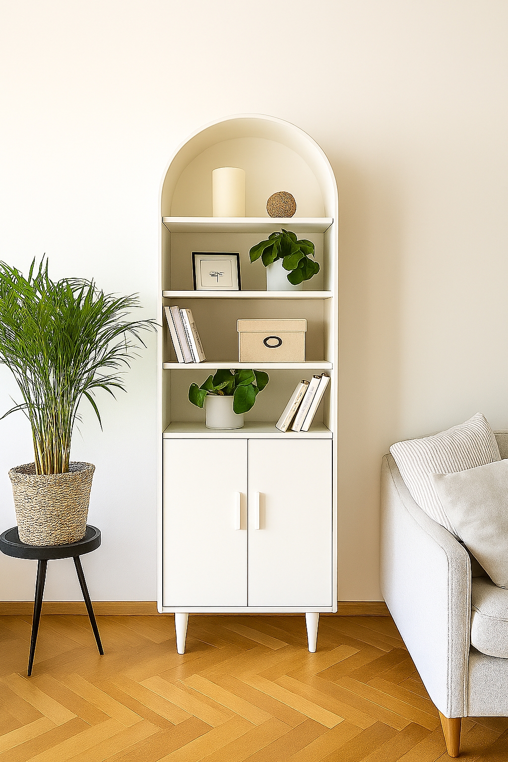 کتابخانه با رنگ سفید و فرم منحنی،