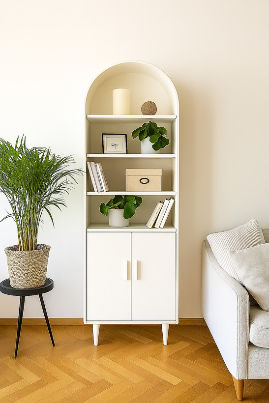 کتابخانه با رنگ سفید و فرم منحنی،